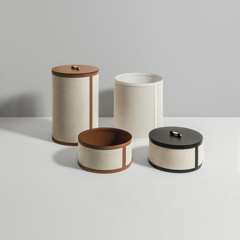 'Penelope' Short Round Storage Basket With Lid, Vegan Leather in Black by Pinetti