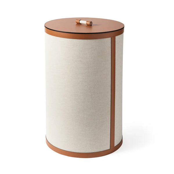 'Penelope' Tall Round Storage Basket With Lid, Vegan Leather in Camel Brown by Pinetti