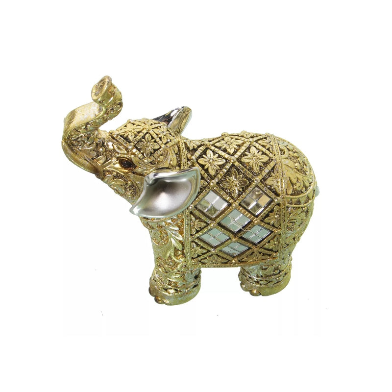 Small resin decorative elephant statue in gold with silver ears and tail and tiny mirrors applied on the body