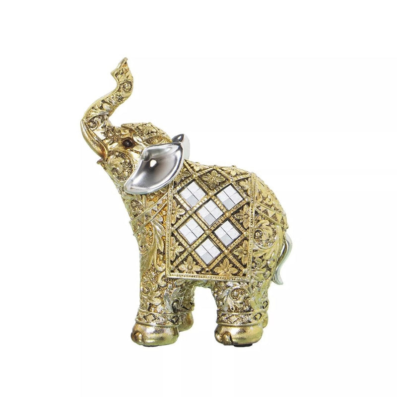 Small resin decorative elephant statue in gold with silver ears and tail and tiny mirrors applied on the body