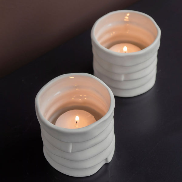 'Ribbon' Porcelain Tealight Holder in Off-white | Set of 2
