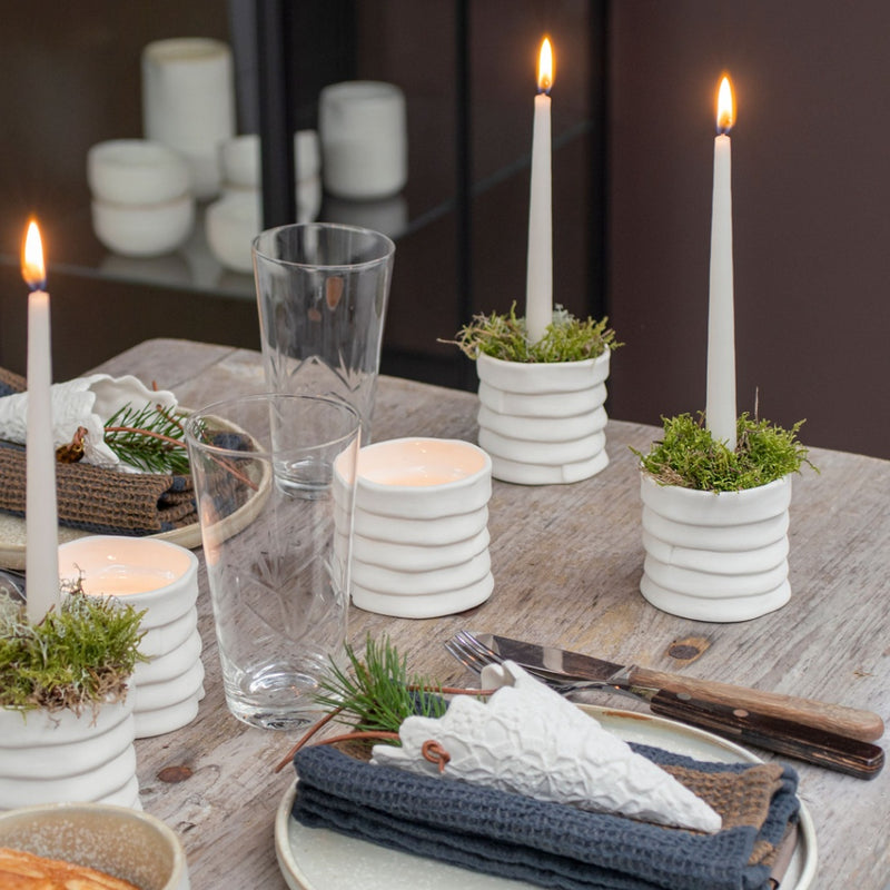 'Ribbon' Porcelain Tealight Holder in Off-white | Set of 2