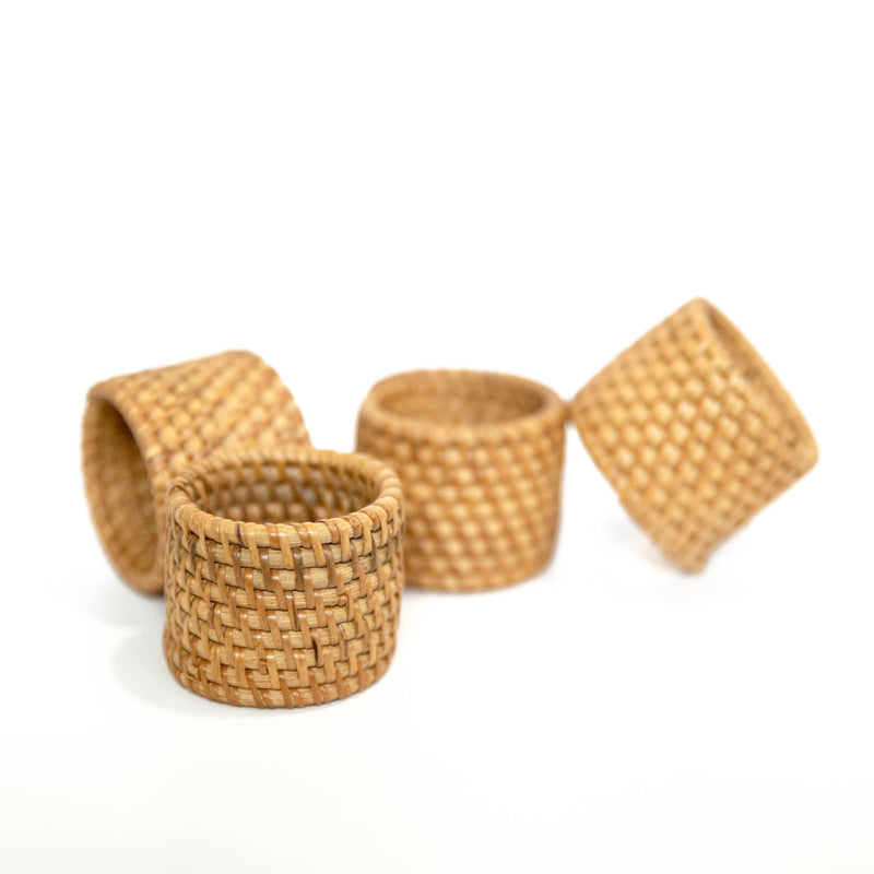 Round Handwoven Rattan Napkin Ring in Brown | Set of 4