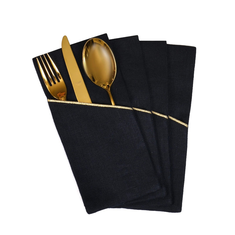 Royal Black Linen Pocket Napkin with Gold Border by Roseberry Home | Set of 6