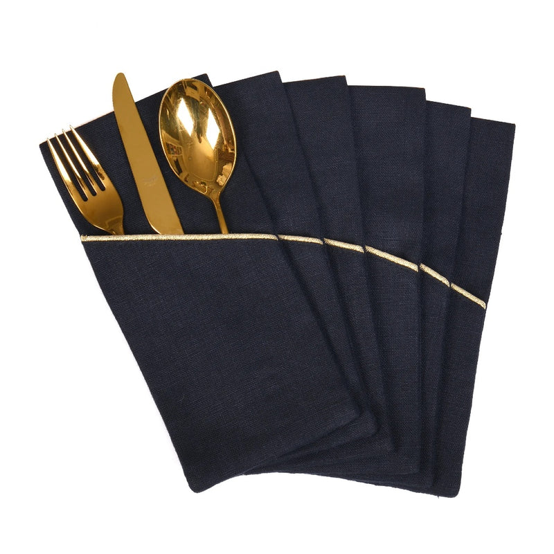 Royal Black Linen Pocket Napkin with Gold Border by Roseberry Home | Set of 6