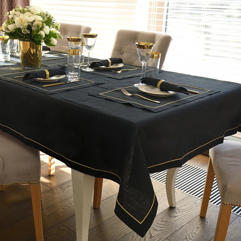 Royal Black Linen Placemat with Gold Border by Roseberry Home | Set of 6