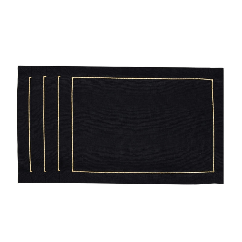 Royal Black Linen Placemat with Gold Border by Roseberry Home | Set of 6