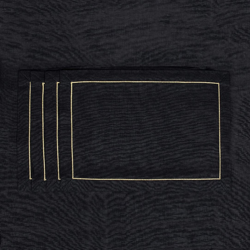 Royal Black Linen Placemat with Gold Border by Roseberry Home | Set of 6