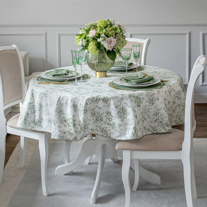 'Toile de Jouy Green' round cotton tablecloth by Roseberry Home