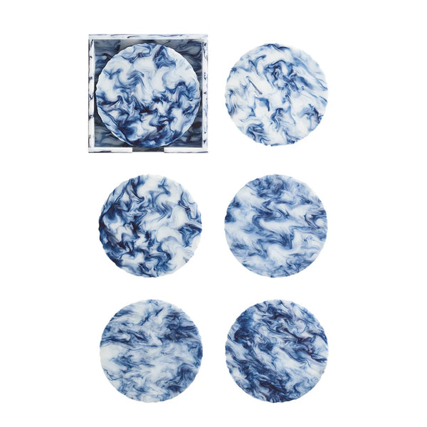 Waves Drink Coasters in White and Navy by Kim Seybert | Set of 6 in a Caddy