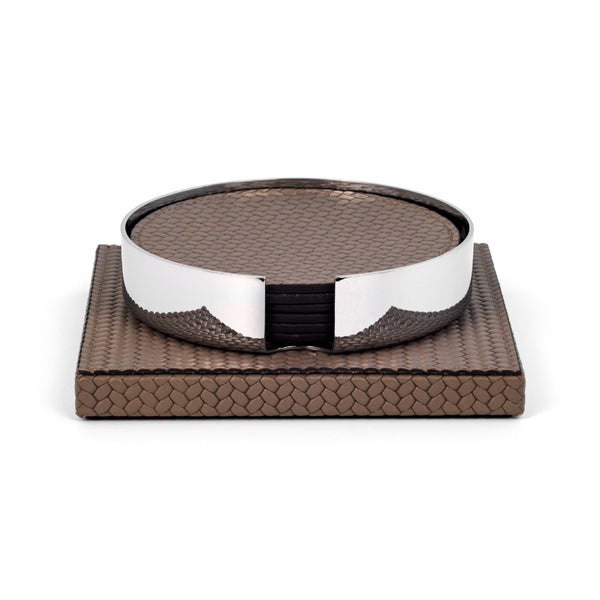 Woven Leather Coaster Set of 6 with Holder by Pinetti in Taupe