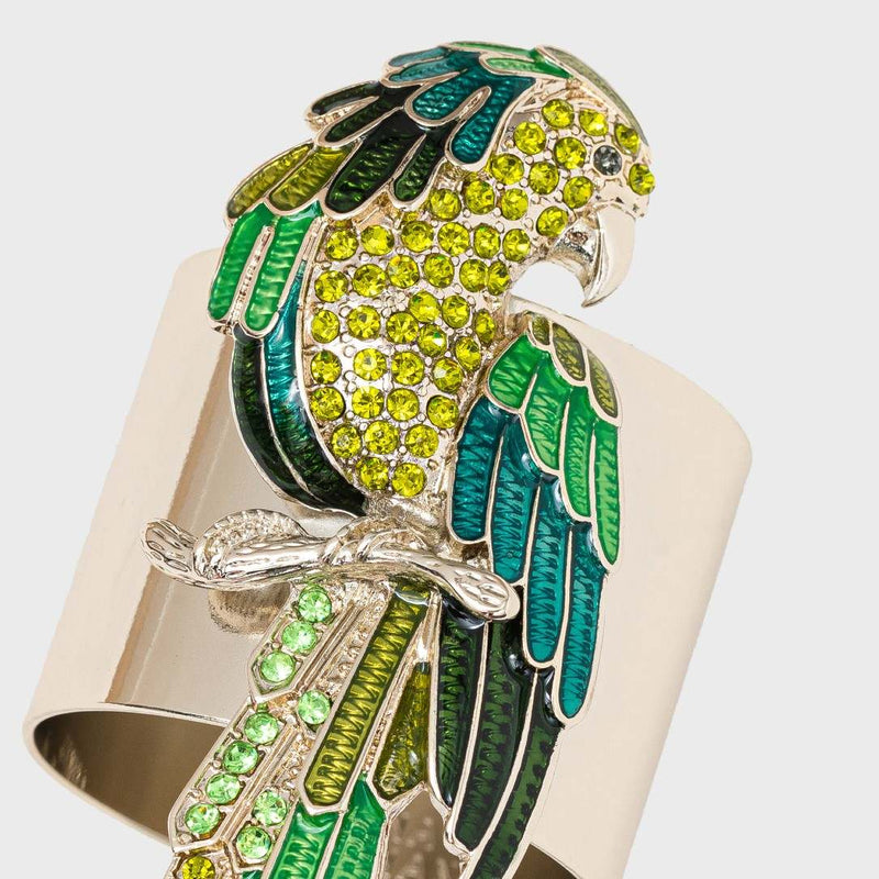 Close-up of the coloured crystals on the parrot napkin rings by Joanna Buchanan.