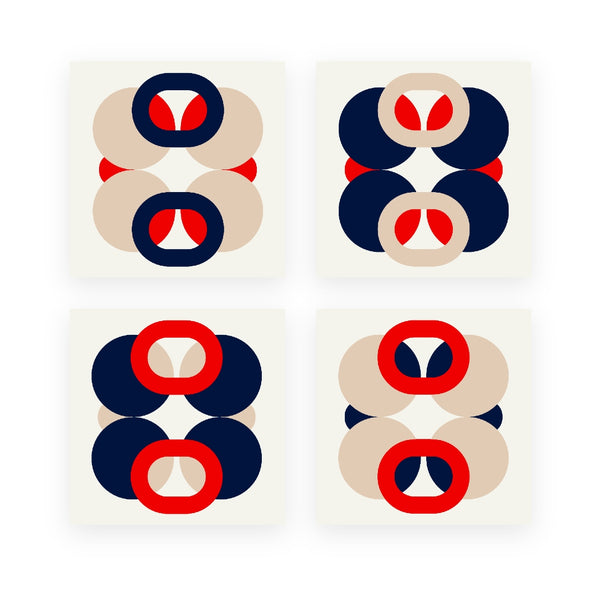 Alto Duo Bubble Ecru napkin with vibrant red, blue, and ivory 70s-inspired bubble motifs.