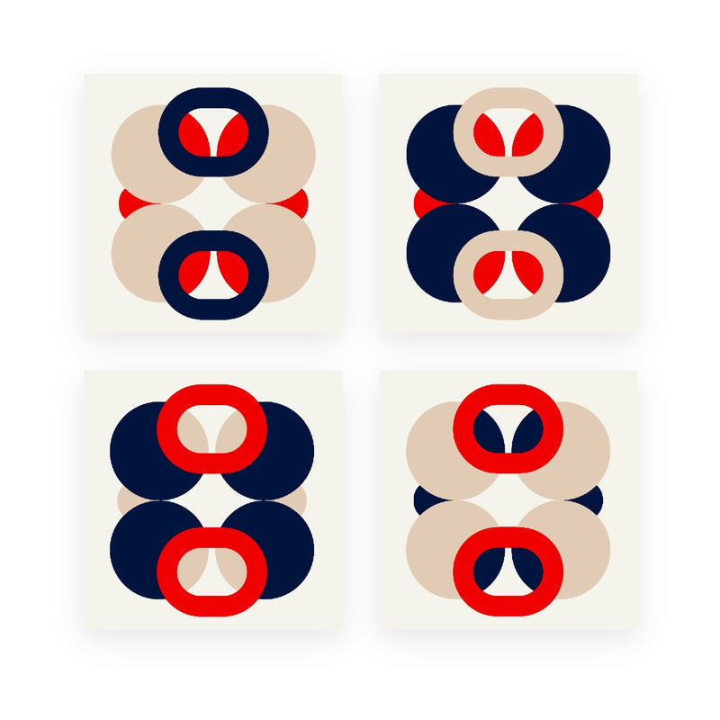 Alto Duo Bubble Ecru napkin with vibrant red, blue, and ivory 70s-inspired bubble motifs.
