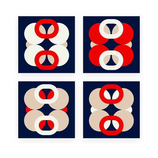 Alto Duo Bubble Navy napkin with vibrant red, white, and ivory 70s-inspired bubble motifs.
