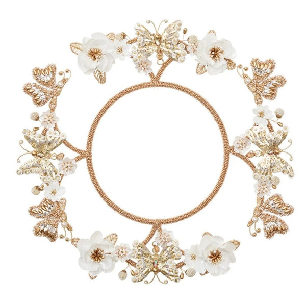 Ivory and gold Papillon charger with hand-beaded butterflies and blossoms by Kim Seybert.