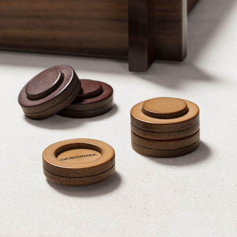 Structura Triple Game Box by Giobagnara showing engraved Muehle playing field in tan sole leather.