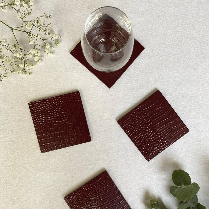 Coastbox with Faux Python Burgundy Coasters (set of 8) by Posh Trading Company