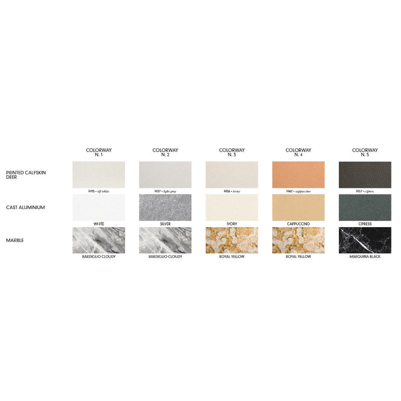 Color swatches Colourway showing, cast aluminum, leather and marble finishes on a white background