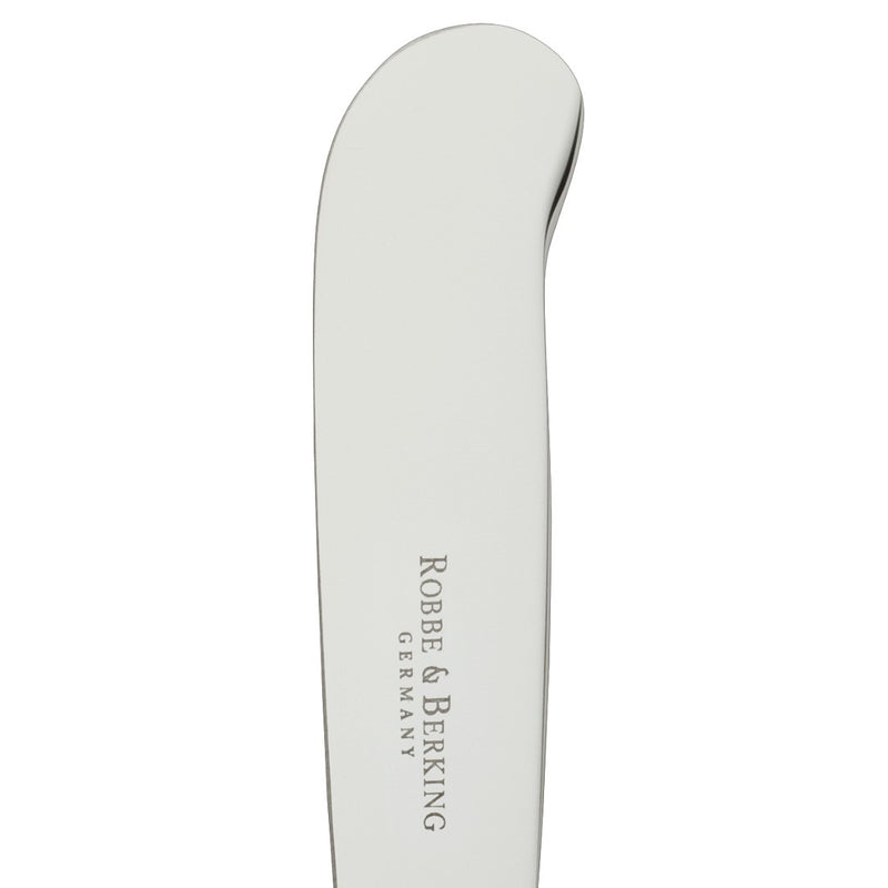 Dante silver-plated butter knife close-up on its rounded blade.