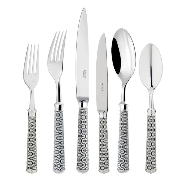 Arlequin Noir 36-piece silver plated cutlery set by Ercuis with black lacquer and guilloché engraving.