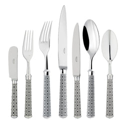 Arlequin Noir 84-piece silver plated cutlery set by Ercuis with black lacquer and guilloché pattern.