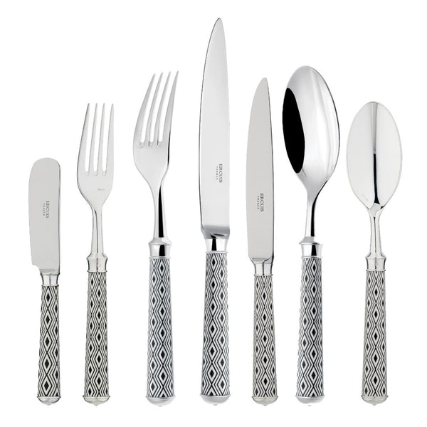 Arlequin Noir 84-piece silver plated cutlery set by Ercuis with black lacquer and guilloché pattern.
