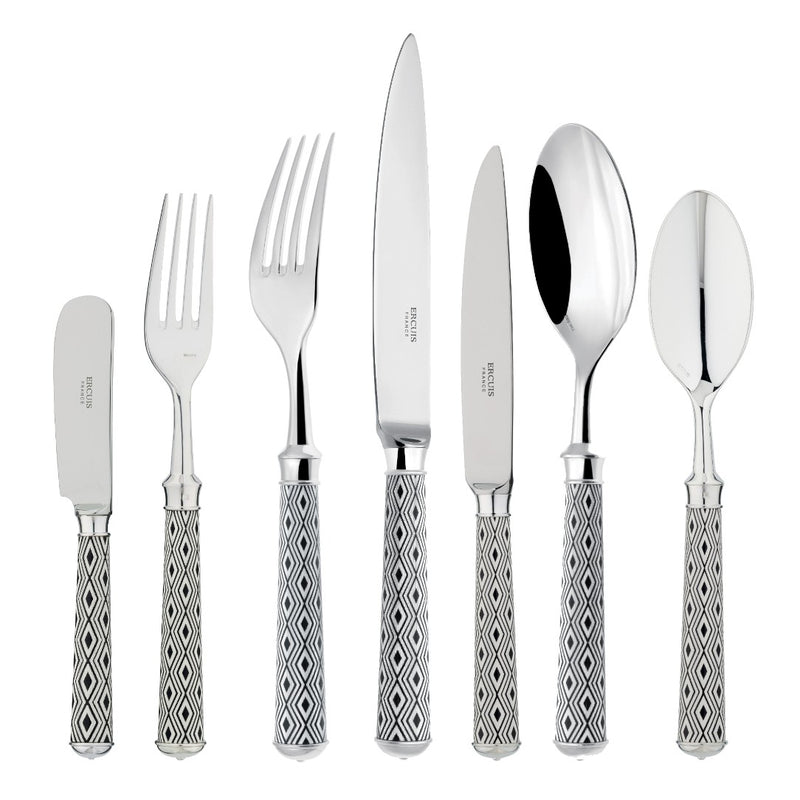 Arlequin Noir 84-piece silver plated cutlery set by Ercuis with black lacquer and guilloché pattern.