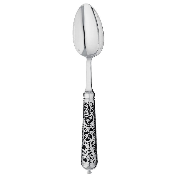Elegant black-handle sterling silver spoon reflecting light with refined shape.