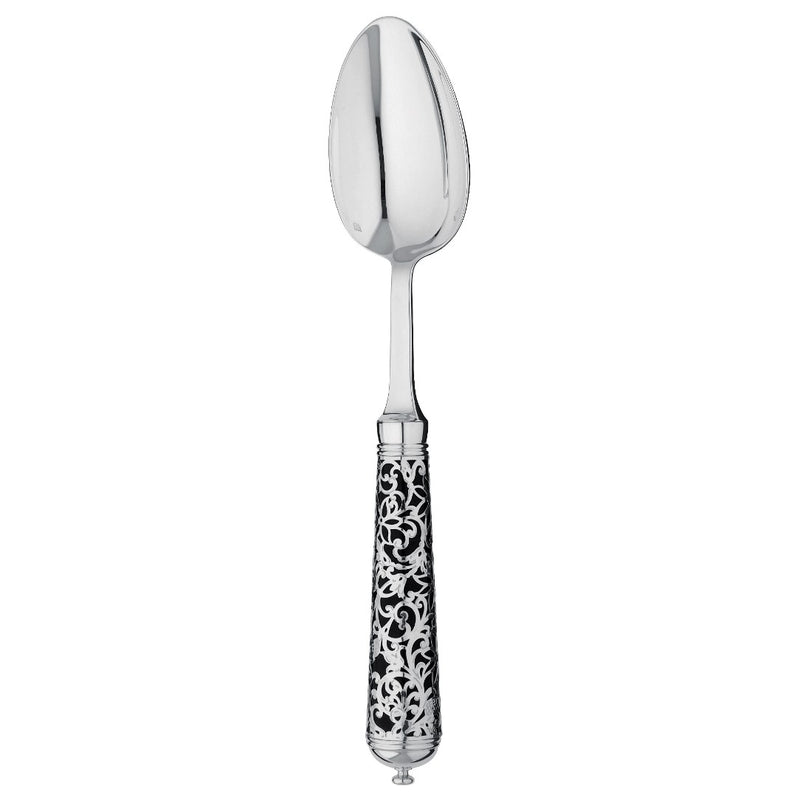 Elegant black-handle sterling silver spoon reflecting light with refined shape.
