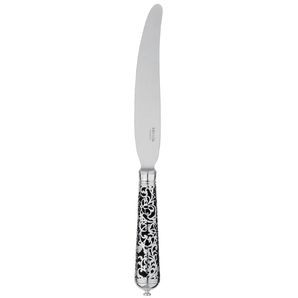 Black handle sterling silver knife with arabesque details.