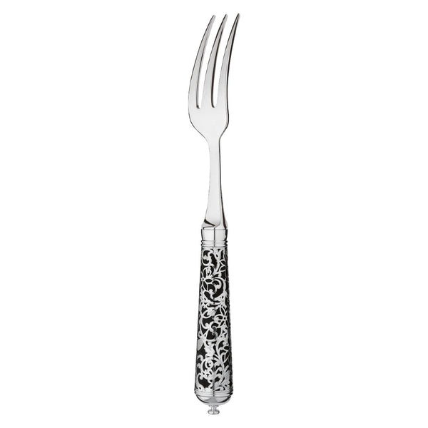 Sterling silver dessert fork with tapered prongs and black handle featuring delicate arabesque detail.