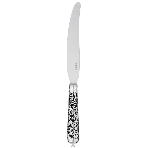 Sterling silver dessert knife with curved blade and black handle featuring elegant arabesque pattern.