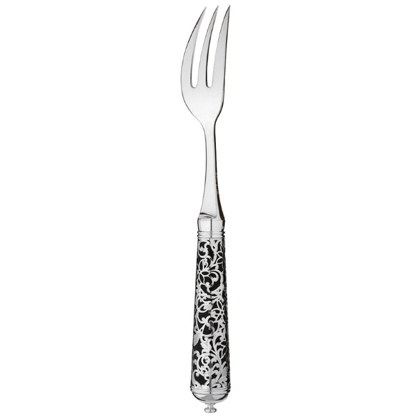 Slender sterling silver fish fork with black handle and arabesque detailing.