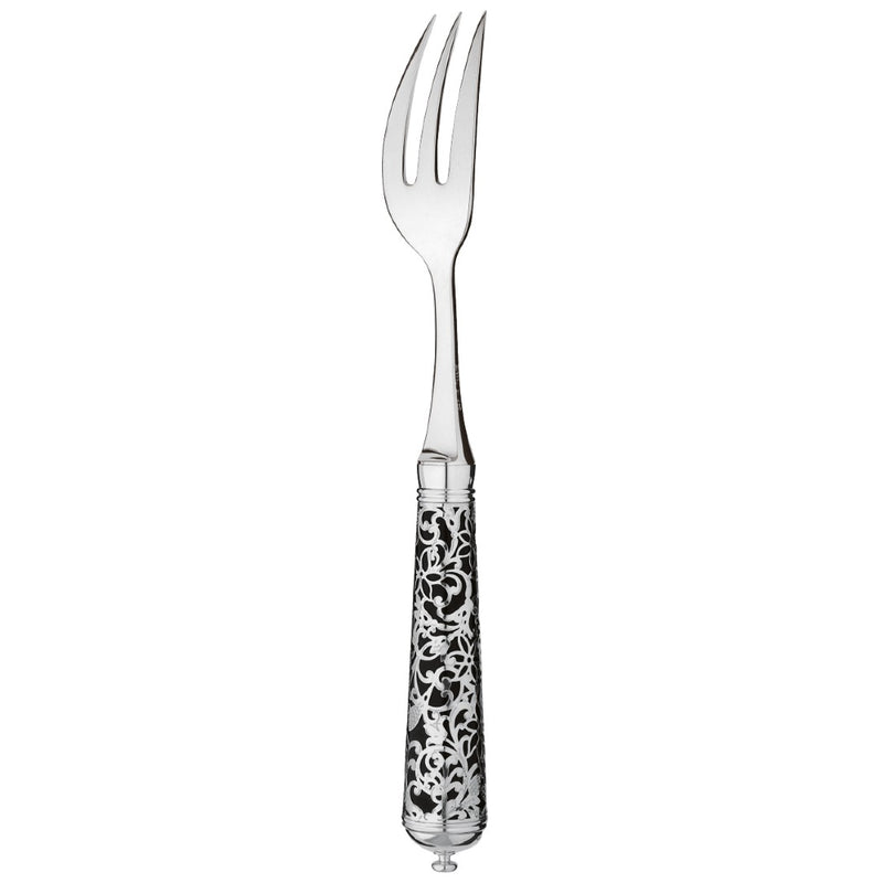 Slender sterling silver fish fork with black handle and arabesque detailing.