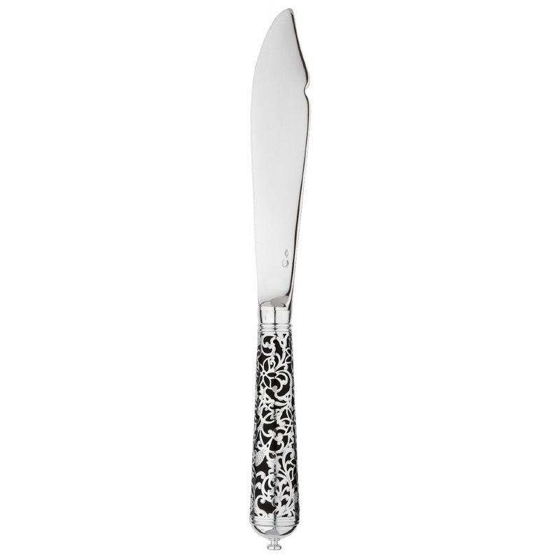 Sterling silver fish knife with curved blade and black handle featuring elegant arabesque pattern.