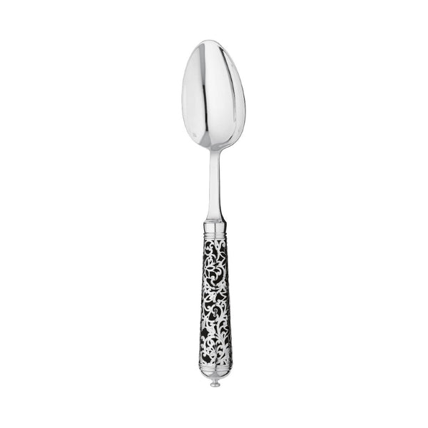 Sterling silver moka spoon with petite bowl and black handle featuring elegant arabesque pattern.