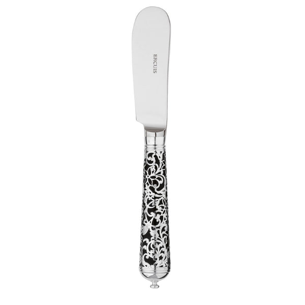Sterling silver butter knife with smooth blade and black handle featuring ornate arabesque design.