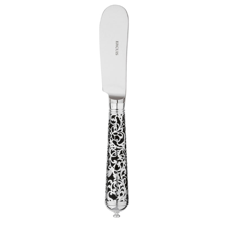 Sterling silver butter knife with smooth blade and black handle featuring ornate arabesque design.