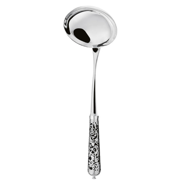 Sterling silver soup ladle with deep bowl and black handle decorated with silver arabesque detail.