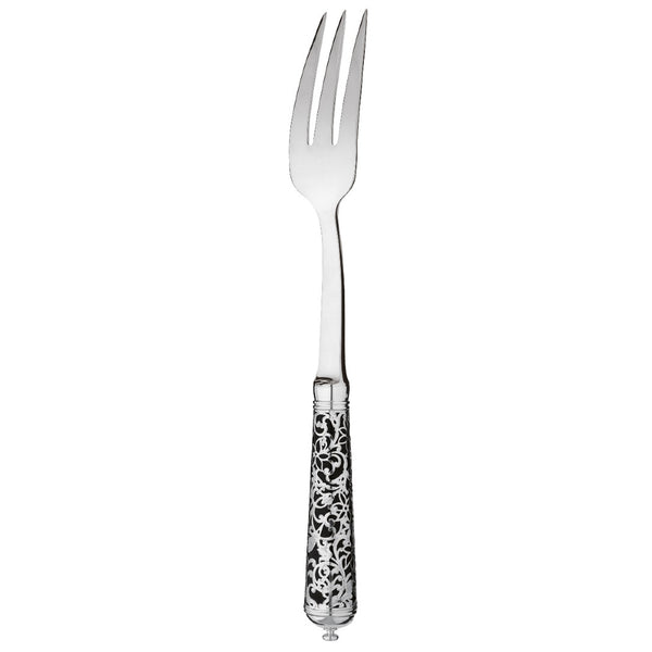 Sterling silver serving fork with long prongs and black handle decorated with silver arabesque detail.