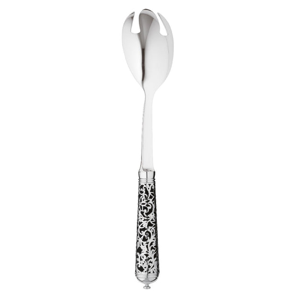 Sterling silver salad serving fork with wide prongs and black handle decorated with silver arabesque pattern.