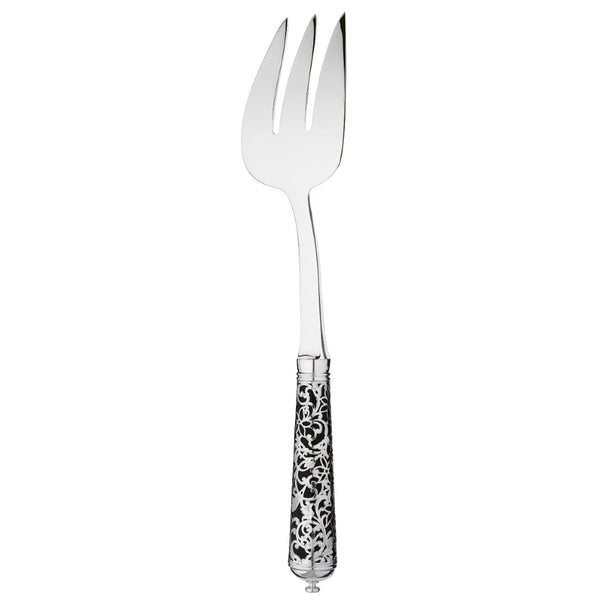 Sterling silver fish serving fork with long prongs and black handle decorated with silver arabesque.