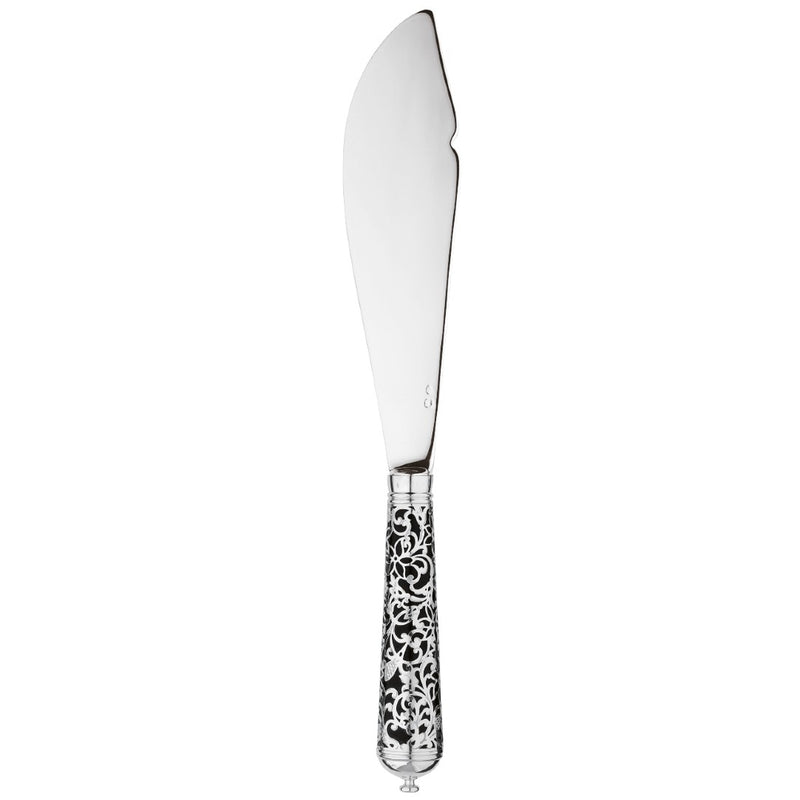 Sterling silver fish serving knife with wide blade and black handle decorated with silver arabesque.