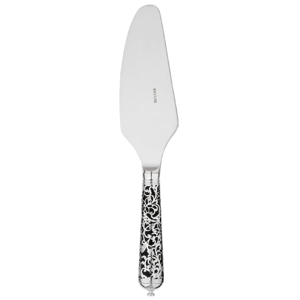 Sterling silver cake server with serrated blade and black handle decorated with silver arabesque.