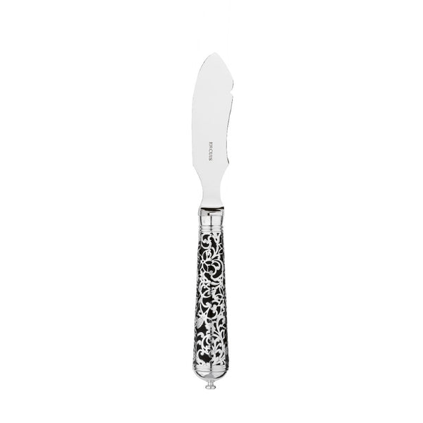 Sterling silver butter serving knife with curved blade and black handle featuring arabesque pattern.