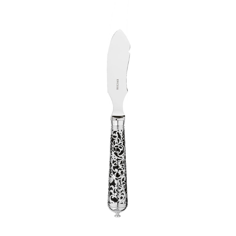 Sterling silver butter serving knife with curved blade and black handle featuring arabesque pattern.