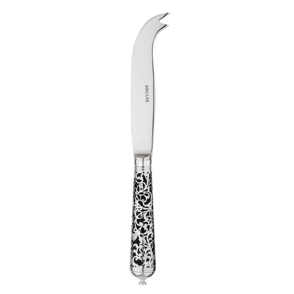 Sterling silver cheese knife with two prongs and black handle featuring ornate arabesque pattern.