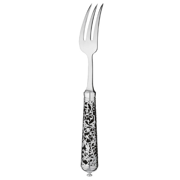 Sterling silver salad fork with slender prongs and black handle featuring elaborate arabesque pattern.