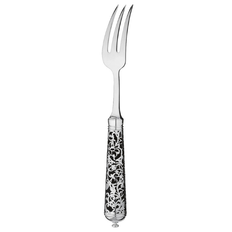 Sterling silver salad fork with slender prongs and black handle featuring elaborate arabesque pattern.